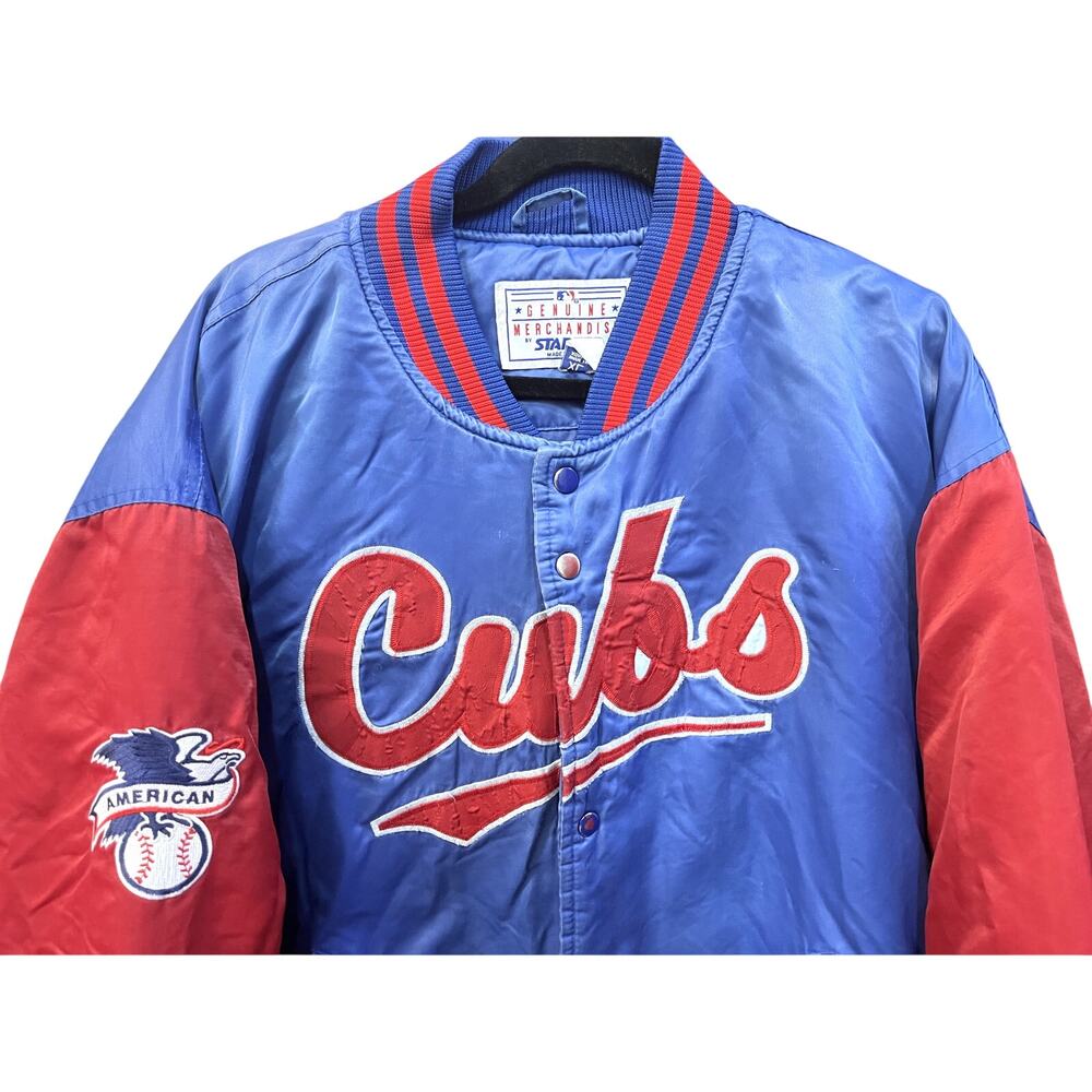 Chicago Cubs 90s STARTER satin bomber SCRIPT jacket XL blue red MLB baseball vtg